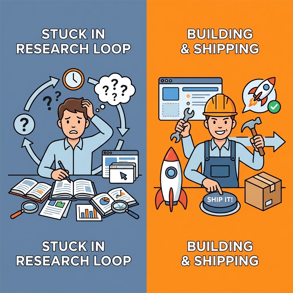 Left side showing a person stuck in a research loop and right side showing a person building and shipping